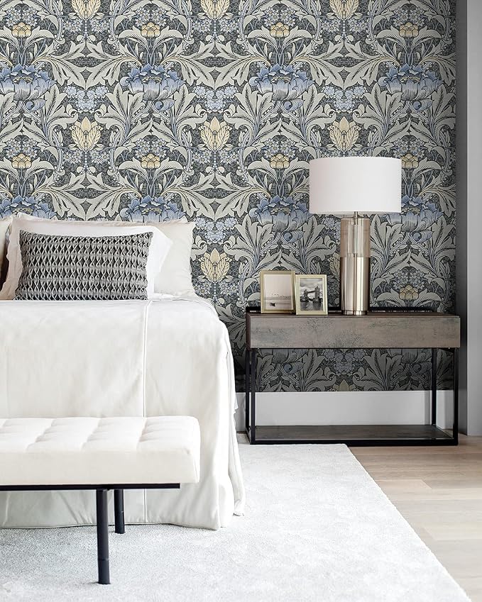 NextWall Acanthus Floral Peel and Stick Wallpaper (Charcoal & Carolina Blue)