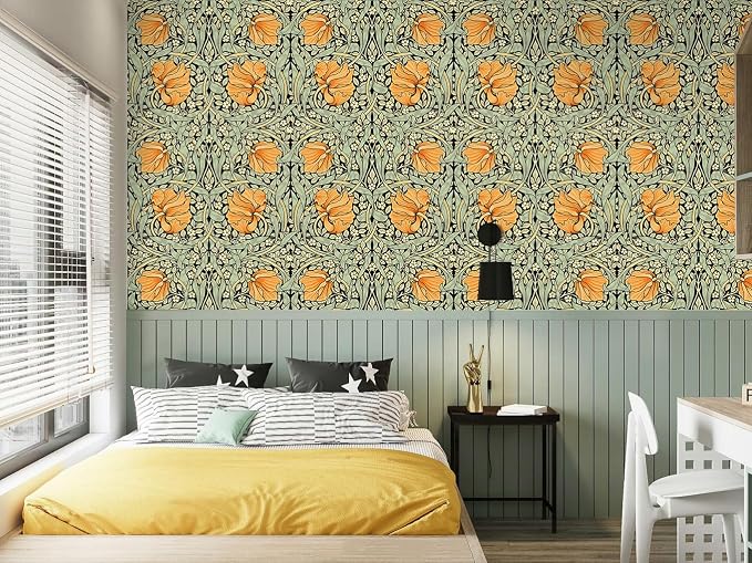 HAOKHOME Vintage Floral Wallpaper Peel and Stick Botanical Green/Yellow/Black Wall Murals Home Kitchen Bedroom Decor by William Morris 17.7in x 32.8ft