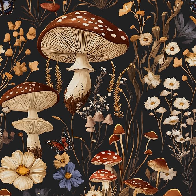 BOKEBEVE Mushoroom Wallpaper Peel and Stick Boho Black Brown 17.5 x 787In | Super Long Removable Renter Friendly Vintage Floral Wall Paper for Bedroom Bathroom Cabinet Drawer Feature Accent Wall