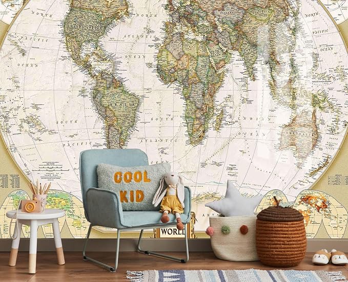 Jdayda World Map Wallpaper Mural for Nursery Kids Room Large | 149"x107" Wall Mural for Bedroom Living Room