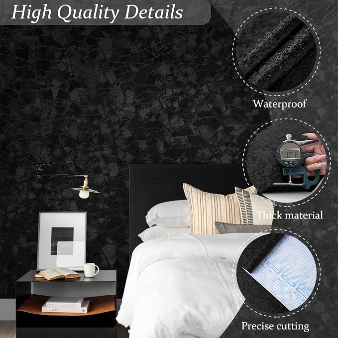 Yasinet Peel and Stick Wallpaper Black Removable Wallpaper Modern Black Contact Paper Dark Thicken Self Adhesive Textured Wall Paper for Cabinets Bathroom Bedroom Waterproof Vinyl 393.7"x 15.7"