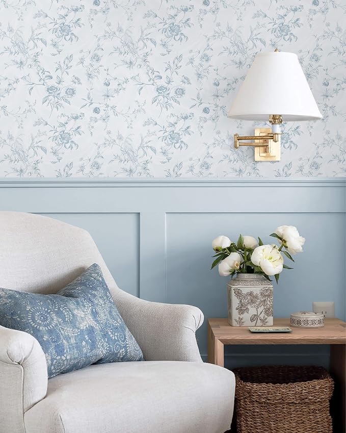 Ismoon Blue Wallpaper Peel and Stick Floral Vintage Stick on Wall Paper French Textured Contact Paper for Cabinet Removable Self Adhesive Wallpaper Vinyl Roll Shelf Deco, 17.3x787in