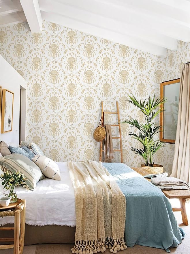 Dimoon Beige Peel and Stick Wallpaper Coastal Contact Paper Bathroom Ocean Wallpaper Boho Jellyfish Renter Friendly Waterproof for Cabinet Kitchen Bedroom Vinyl 17.3''x394''