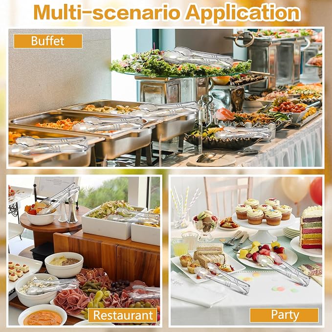 Mwellewm 12 Pc Serving Tongs 9 Inch Bulk Reusable or Disposable Plastic Tongs Heavy Duty Hard Plastic Serving Utensils Set Large Salad Tong for Kitchen Party Food Buffet Appetizer Catering (Clear）