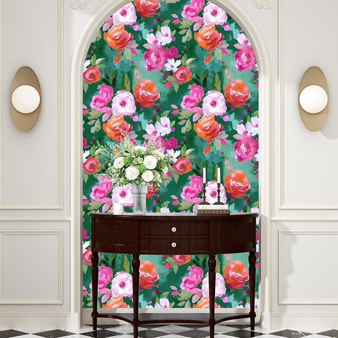 BOKEBEVE Floral Wallpaper Peel and Stick Boho Bright Green 17.5 x 118In | Removable Self Adhesive Renter Friendly Colorful Watercolor Wall Paper for Bedroom Bathroom Living Room Accent Wall