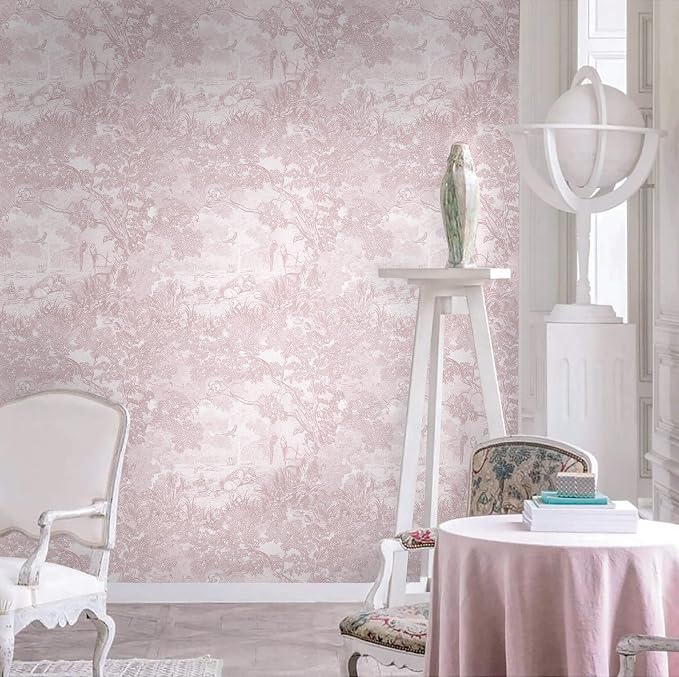 Heroad Peel and Stick Wallpaper Pink and White Vintage Forest Animals Floral Wallpaper Removable Self-Adhesive Contact Paper for Bedroom Living Room Cabinets Decoration Thicken Vinyl 17.3" x 393"