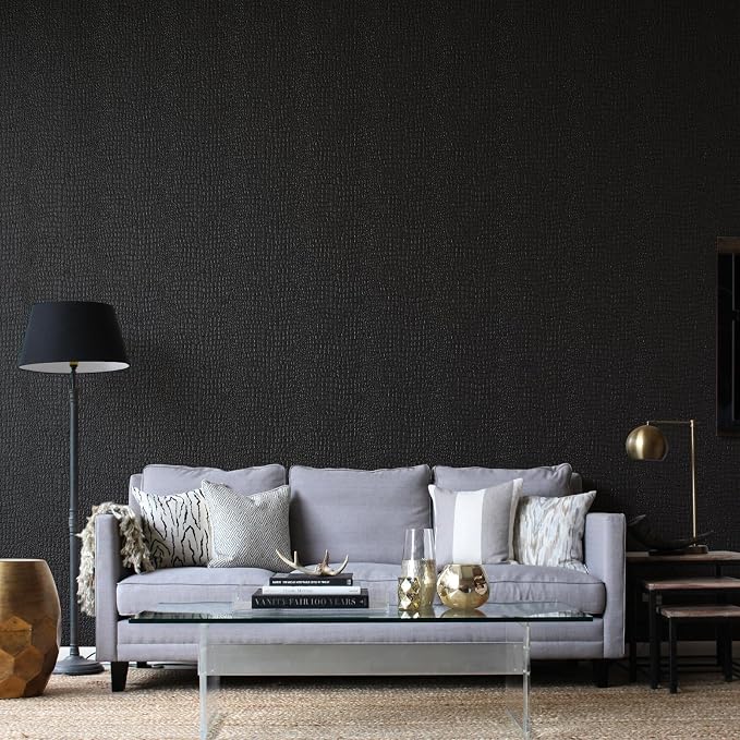 Zeeko Black Peel and Stick Wallpaper 35.4" x 120" Removable Crocodile Wallpaper Embossed Contact Paper Textured Wall Paper for Cabinet Bedroom Bathroom