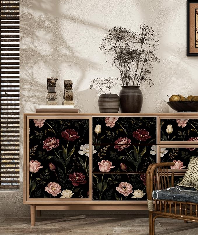 ILHIIOR Dark/Pink Floral Peel and Stick Wallpaper 17.5 x 118 Inches | Leaf Removable Self Adhesive Waterproof Contact Paper, Renter Friendly Decor for Cabinets, Drawers & Bedroom Walls
