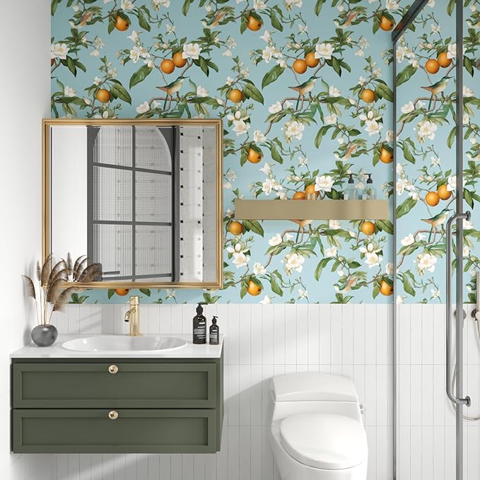 Laatse Blue Floral Wallpaper Peel and Stick, Vintage Bird Leaf Fruit Contact Paper, Self Adhesive Removable Retro Wall Mural Wall Paper for Room Walls Shelves Cabinet Table Decor 17.5" x 118"