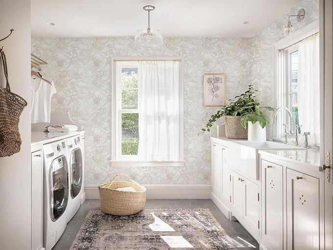 393"x17.3" Peel and Stick Wallpaper Floral Beige Neutral White Boho Contact Paper Modern Wallpaper Removable Self Adhesive Wall Paper Bedroom Bathroom Kitchen Thicken Waterproof Vinyl Roll