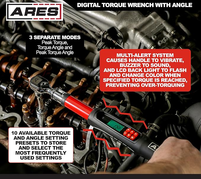 ARES 43007 3/8-Inch Drive Flex Head Electronic Digital Torque and Torque | 10-100 ft/lbs (13.5-135Nm); Reversible Sealed Head; Multi-Alert Prevents Over-Torquing