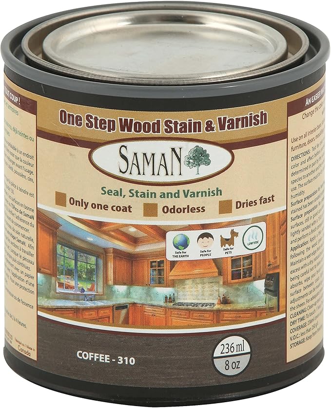 SamaN Interior One Step Wood Seal, Stain and Varnish – Oil Based Odorless Dye - Protection for Furniture and Fine Wood (Coffee SAM-310, 8 oz)