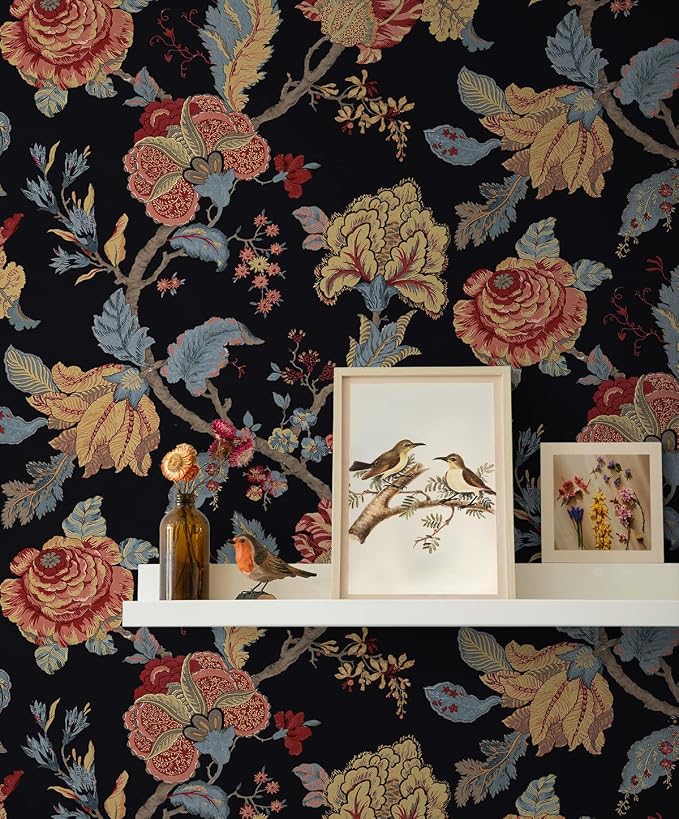 NextWall Kianna Jacobean Floral Peel and Stick Wallpaper (Ebony)