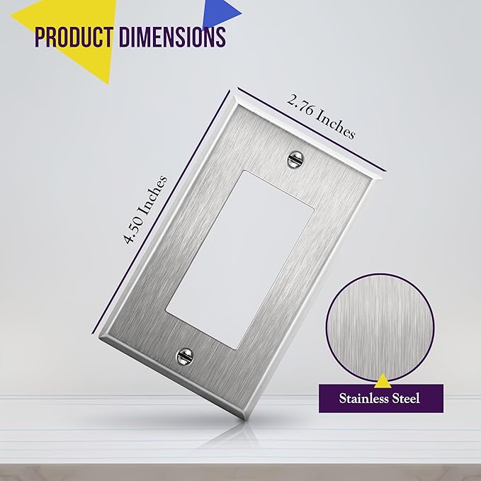 ENERLITES Decorator Switch or Receptacle Outlet Metal Wall Plate, Corrosion Resistant, Size 1-Gang 4.50" x 2.76", UL Listed, 7731, 430 Stainless Steel, Silver
