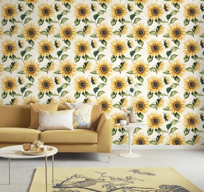 Yasinet Sunflower Peel and Stick Wallpaper Boho Floral Wallpaper Yellow Vintage Contact Paper for Bedroom Cabinets Farmhouse Waterproof Removable Self-Adhesive Wall Paper for Wall Vinyl 17.3''×78.7''