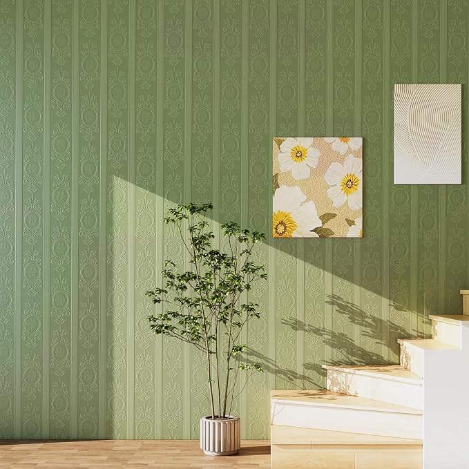 Green 3D Embossed Textured Peel Stick Wallpaper 17.3"x400" | Removable Renter Friendly Contact Paper, Waterproof Self Adhesive Wallpaper for Bedroom, Bathroom, Decor,48 sq.