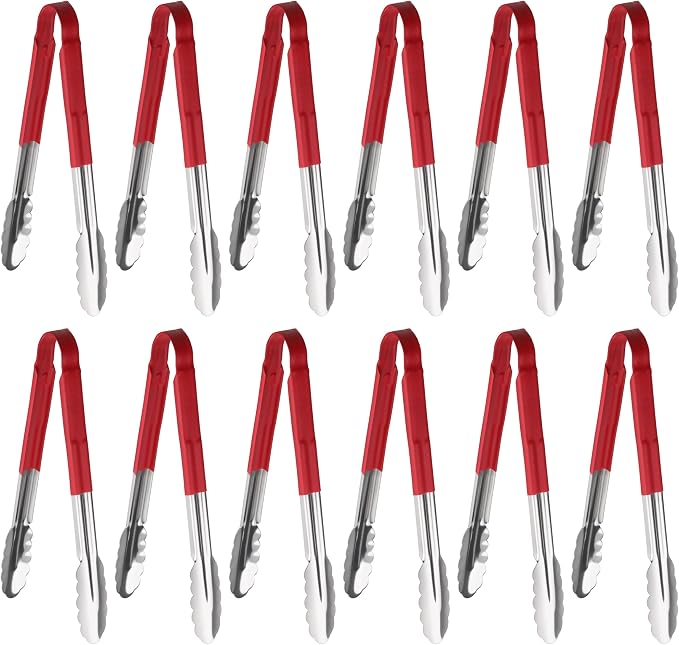 New Star Foodservice 12 Inch Utility Spring Tongs, Set of 12, Commercial Restaurant Grade Stainless Steel Tongs with Red Vinyl Coated Handles