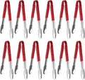 New Star Foodservice 12 Inch Utility Spring Tongs, Set of 12, Commercial Restaurant Grade Stainless Steel Tongs with Red Vinyl Coated Handles