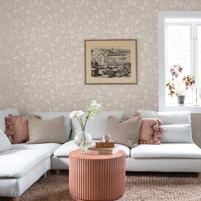 Ismoon Floral Wallpaper Peel and Stick Brown Neutral Contact Paper Wildflowers Leaf Stick on Wall Paper Textured Removable Self Adhesive Vinyl Wallpaper for Bedroom Bahtroom Wall Decor 17.3x196in