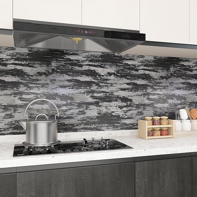 Black Concrete Wallpaper Peel and Stick Glossy Industrial Cement Wallpaper 31.5"x354" Concrete Contact Paper with Air Guide Slot Design Industrial Wall Paper for Living Room, Hallway Coffee Shop