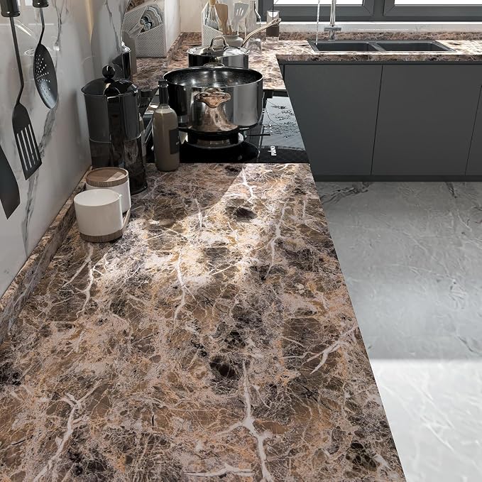 Wide Marble Granite Peel and Stick Wallpaper Contact Paper for Countertops | Counter Top Covers Brown Thick Waterproof Self-Adhesive Marble Vinyl Wrap 31.5x354inch Dark Wall Paper for Kitchen Bathroom