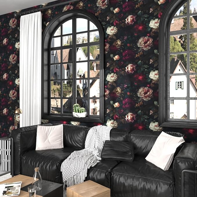 Fvlow Vintage Black Dark Red Floral Peel and Stick Wallpaper 17.4" x 197" | Renter Friendly, Removable & Waterproof, Vinyl Easy Install for Bedrooms, Bathrooms, Kitchens, Cabinets and Home Decor