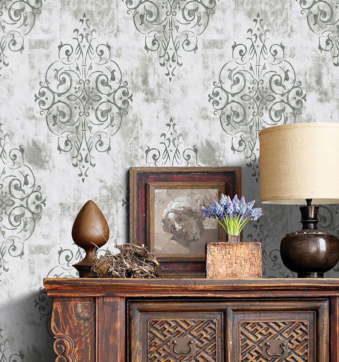 HAOKHOME Vintage Damask Peel and Stick Wallpaper White Vinyl Self Adhesive Decorative Contact Paper 17.7in x 9.8ft