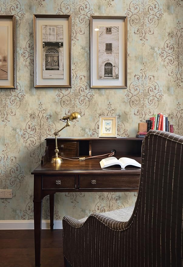 HAOKHOME Vintage French Damask Peel and Stick Wallpaper Deep Yellow/Mist Blue/Brown Vinyl Self Adhesive Wall Paper Design for Walls Bathroom Bedroom Home Decor 17.7in x 32.8ft