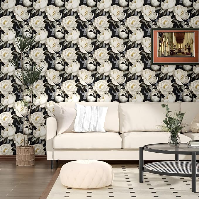 ILHIIOR Black/White Floral Peel and Stick Wallpaper 17.5 x 393 Inches | Leaf Removable Self Adhesive Waterproof Contact Paper, Renter Friendly Decor for Cabinets, Drawers & Bedroom Walls
