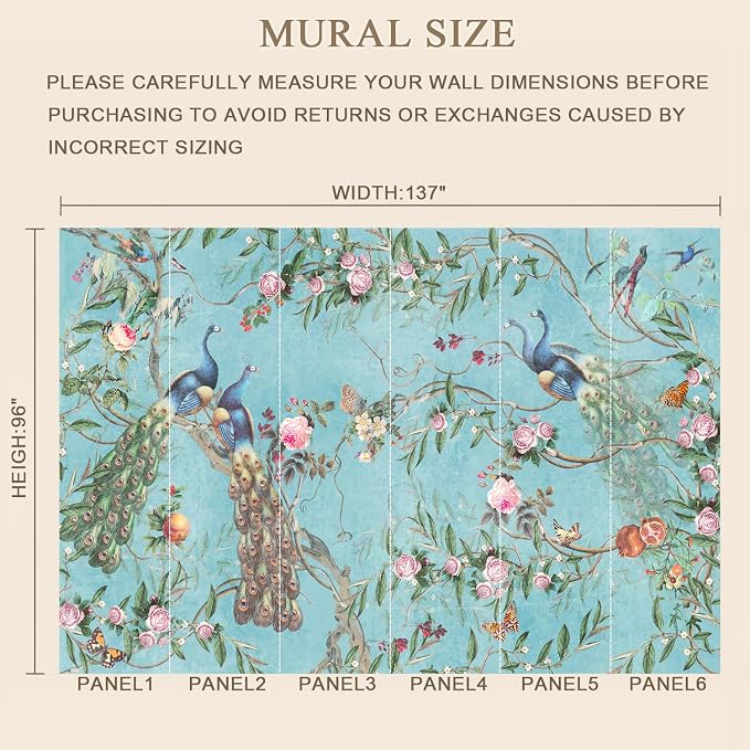 MFWFM Chinoiserie Peel and Stick Wallpaper Blue Peacock Wall Murals | 137"x96", for Bedroom Living Room Bathroom, Self Adhesive Canvas