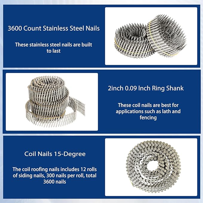 waltyotur 3600 Count Stainless Steel Coil Roofing Ring Shank Siding Nails 15-Degree Collated Wire Coil 2 Inch, 0.09 Inch Ring Shank, Small Cap Coil Stud Siding Nails