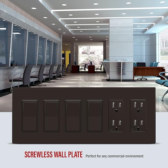 ENERLITES Screwless Decorator Wall Plate Child Safe Outlet Covers, Size 6-Gang 4.68" H x 12.00” L, Unbreakable Polycarbonate Thermoplastic, SI8836-BR, Glossy, Brown