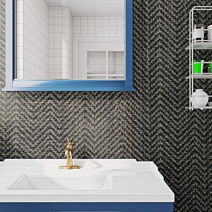 FunStick 15.8"x240" Black and Gold Grasscloth Wallpaper Self Adhesive Fabric Peel and Stick Wallpaper Geometric Wallpaper Removable Modern Herringbone Contact Paper for Bedroom Cabinets Desk Shelves