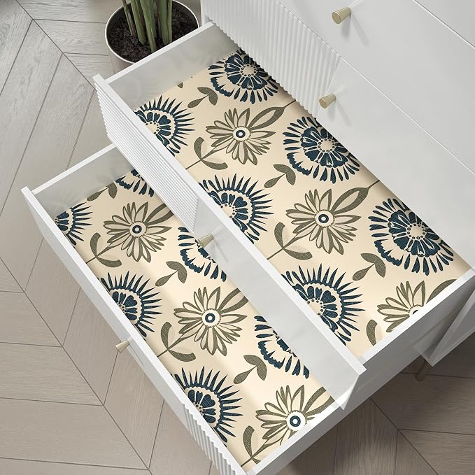 BOKEBEVE Boho Floral Peel and Stick Wallpaper Beige Blue 17.5 x 118In | Symmetry Contact Paper Modern Wall Paper for Bedroom Accent Walls Laundry Nursery Pantry Renter Friendly Removable