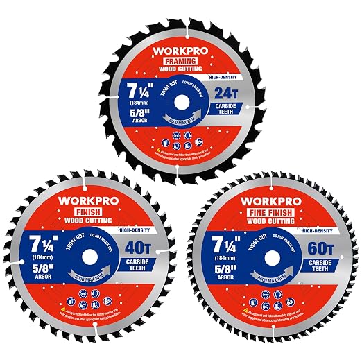 WORKPRO 7-1/4 Inch Woodworking Circular Saw Blades, 24T/40T/60T Framing, General & Finish Combo, Thin Kerf, Carbide Tipped, ATB Tooth, 3-Pack