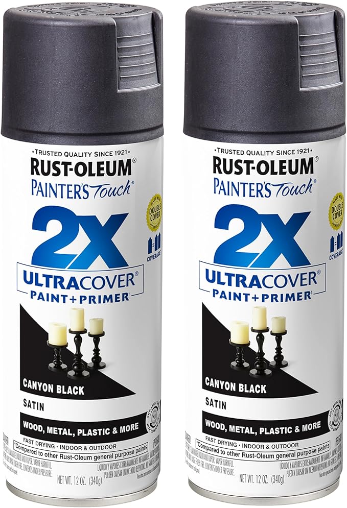 Rust-Oleum 346951-2PK Painter's Touch 2X Ultra Cover Spray Paint, 12 oz, Satin Canyon Black, 2 Pack