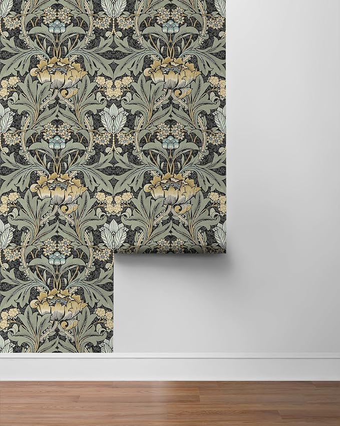 NextWall Acanthus Floral Peel and Stick Wallpaper (Charocal & Goldenrod)