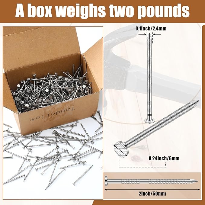 Tandefio 2 Pound Box Siding Nails Roofing Tile and Slating Rust Resistant 304 Stainless Steel Hardware Nails for Redwood Cedar Wood Siding Nail Decking Roof Slating(2 Inch)