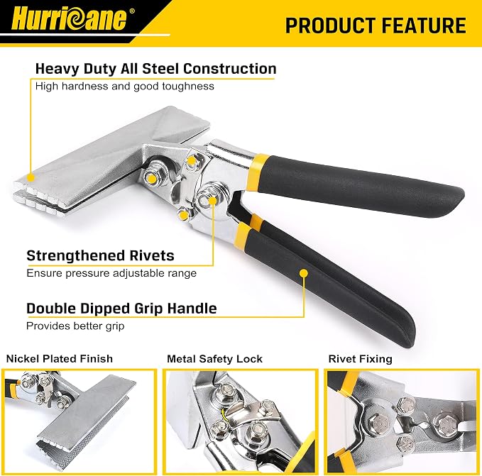 HURRICANE Sheet Metal Hand Seamer, 6 Inch Straight Jaw Sheet Bender Tools for Flattening Metal, Bending Pliers with Double Dipped Cushion Handle, Grip Strength and Versatility