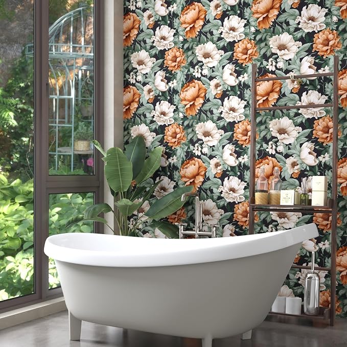 Floral Wallpaper Peel and Stick, Vintage Large Blooming Flowers Contact Paper 17.5" x 393.7", Retro Wall Paper Self Adhesive Removable Waterproof for Room Walls Shelves Cabinet Table (Orange, Green)