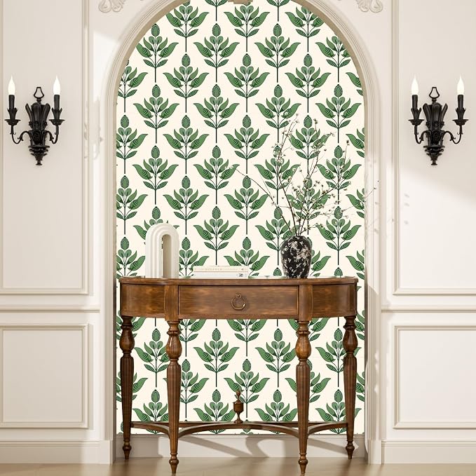 BOKEBEVE Super Long Boho Leaf Wallpaepr Peel Stick Green Beige 17.5 x 787In | Leaves Contact Paper Boho Wallpaper for Accent Wall Bedroom Bathroom Drawer Modern Waterproof Removable