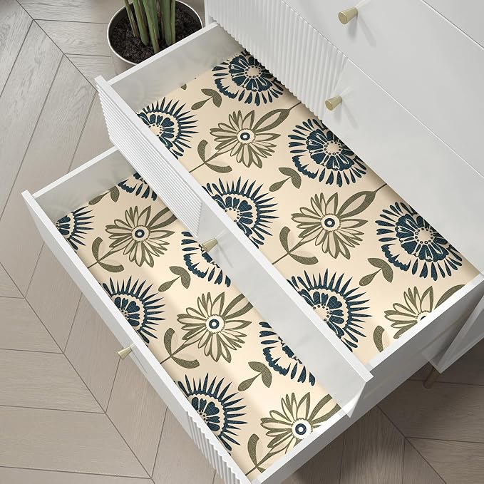 BOKEBEVE Boho Floral Peel and Stick Wallpaper Beige Blue 17.5 x 787In | Super Long Symmetry Contact Paper Modern Wall Paper for Bedroom Accent Walls Laundry Nursery Pantry Renter Friendly Removable