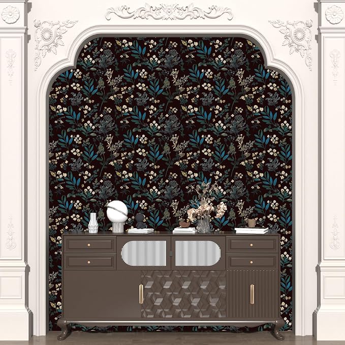 Laatse Vintage Wallpaper Peel and Stick Dark Green Floral Wallpaper 17.5'' x 118'' Green Leaf Contact Paper Vinyl Waterproof Self Adhesive Boho Botanical Wall Paper for Bedroom Cabinet Décor