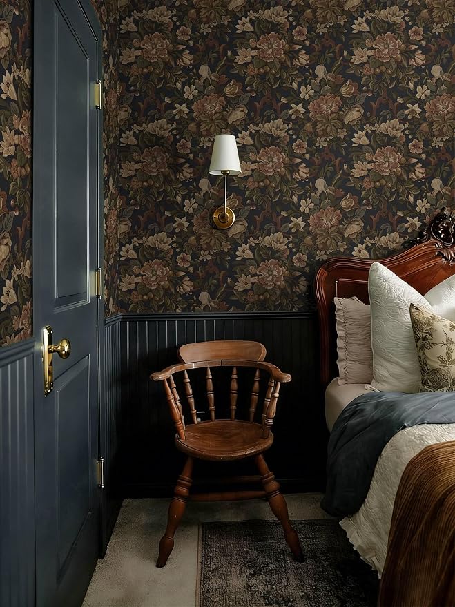 Dimoon Vintage Peel and Stick Wallpaper Dark Blue Floral Contact Paper 16.1"x78.7" Retro Victorian Dark Academia Wallpaper for Bedroom Moody Cottage Core Wall Paper Removable Waterproof Vinyl Roll