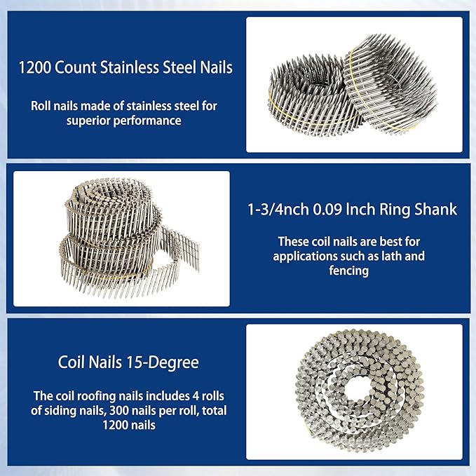 waltyotur 1200 Count Stainless Steel Coil Roofing Ring Shank Siding Nails 15-Degree Collated Wire Coil 1-3/4 Inch, 0.09 Inch Ring Shank, Small Cap Coil Stud Siding Nails