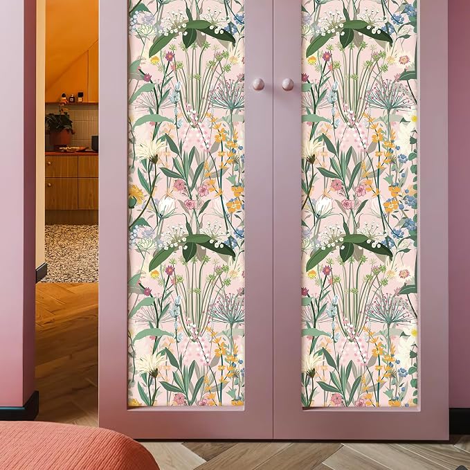 JiffDiff Floral Wallpaper Peel and Stick 17.3"x787" Pink Farm Wildwood Stick on Wallpaper for Home Bedroom Cabinets Thicken Self Adhesive Contact Paper