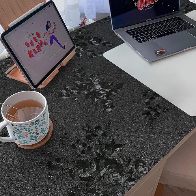 Black Peel and Stick Wallpaper Silk Embossed Floral 118in17.7in | Textured Thicken Self Adhesive,Waterproof Countertop Contact Paper for Cabinets Kitchen,Bedroom Bathroom Decor, Easy Removal