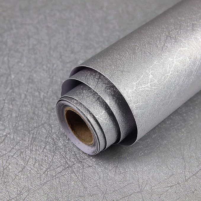 Silver Grey Wallpaper Peel and Stick Embossed Self Adhesive Contact Paper | 15.7" X 590.5" Removable Home Decoration Silk Vinyl Wrap Cabinet Countertops Furniture Renter Friendly Shelf Paper