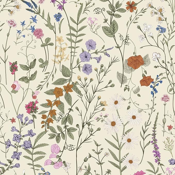 Wallpaper Self-Adhesive Blooming Vintage Colourful Flowers Wall Paper for Bedroom Living Room Cabinet, Peel and Stick Beige Sketch Little Flowers Wallpaper Mural 25.8 sq. feet (59" x 17.3")