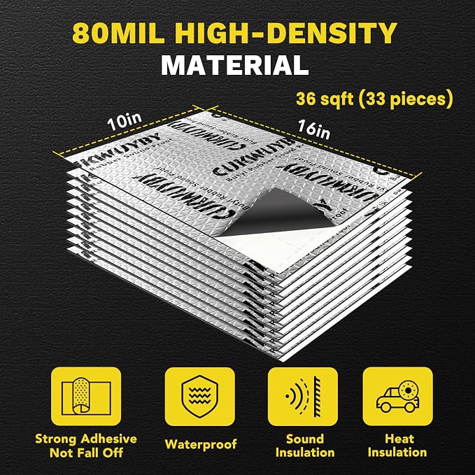 Butyl Sound Deadening 80mil 36sqft Sound Deadening Mat (33pcs) | Car Sound Deadening Material,Sound Deadening for Cars,Automotive Sound Deadener,Noise Insulation,Vibration Dampening Material